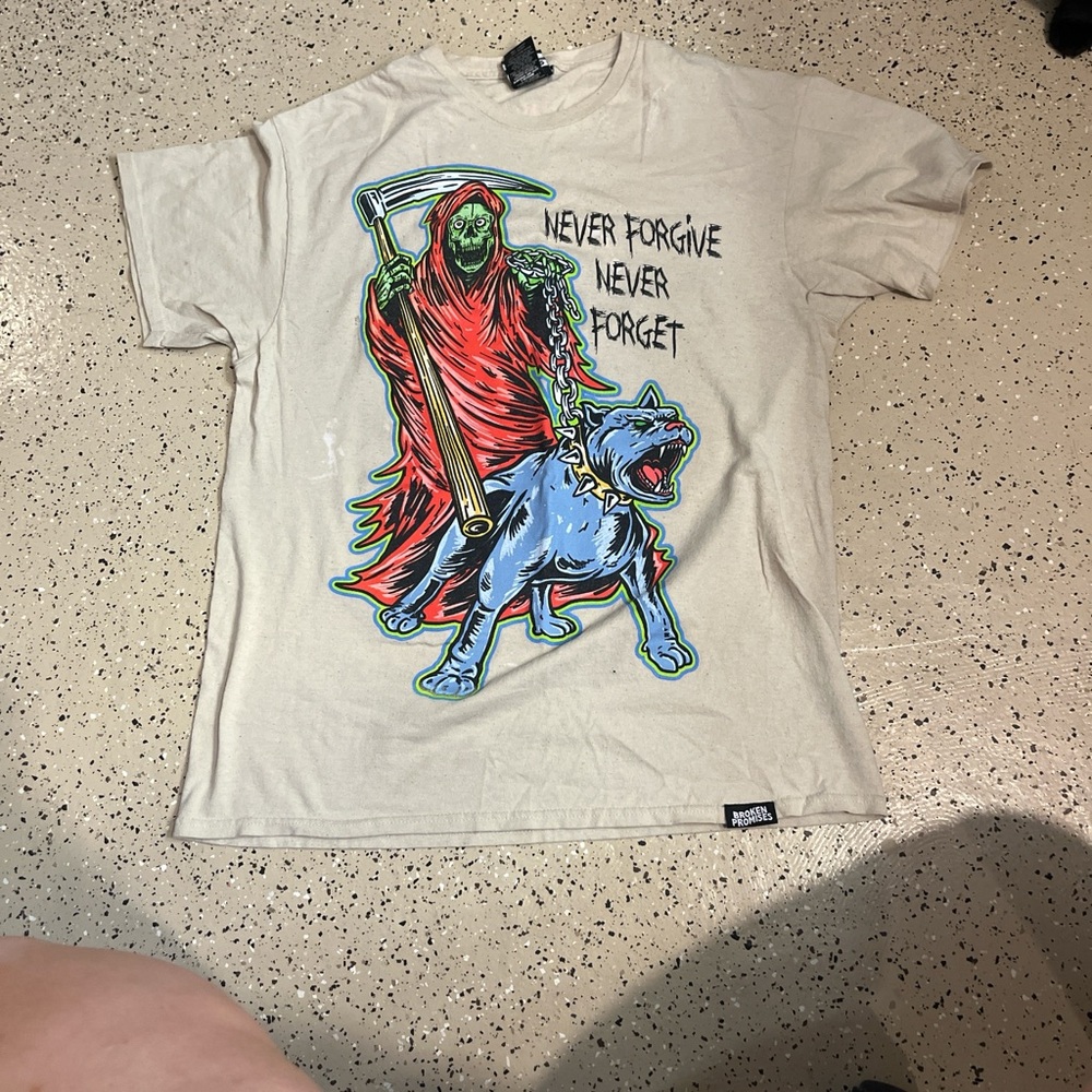 Graphic Tee with Grim Reaper Design - Cream